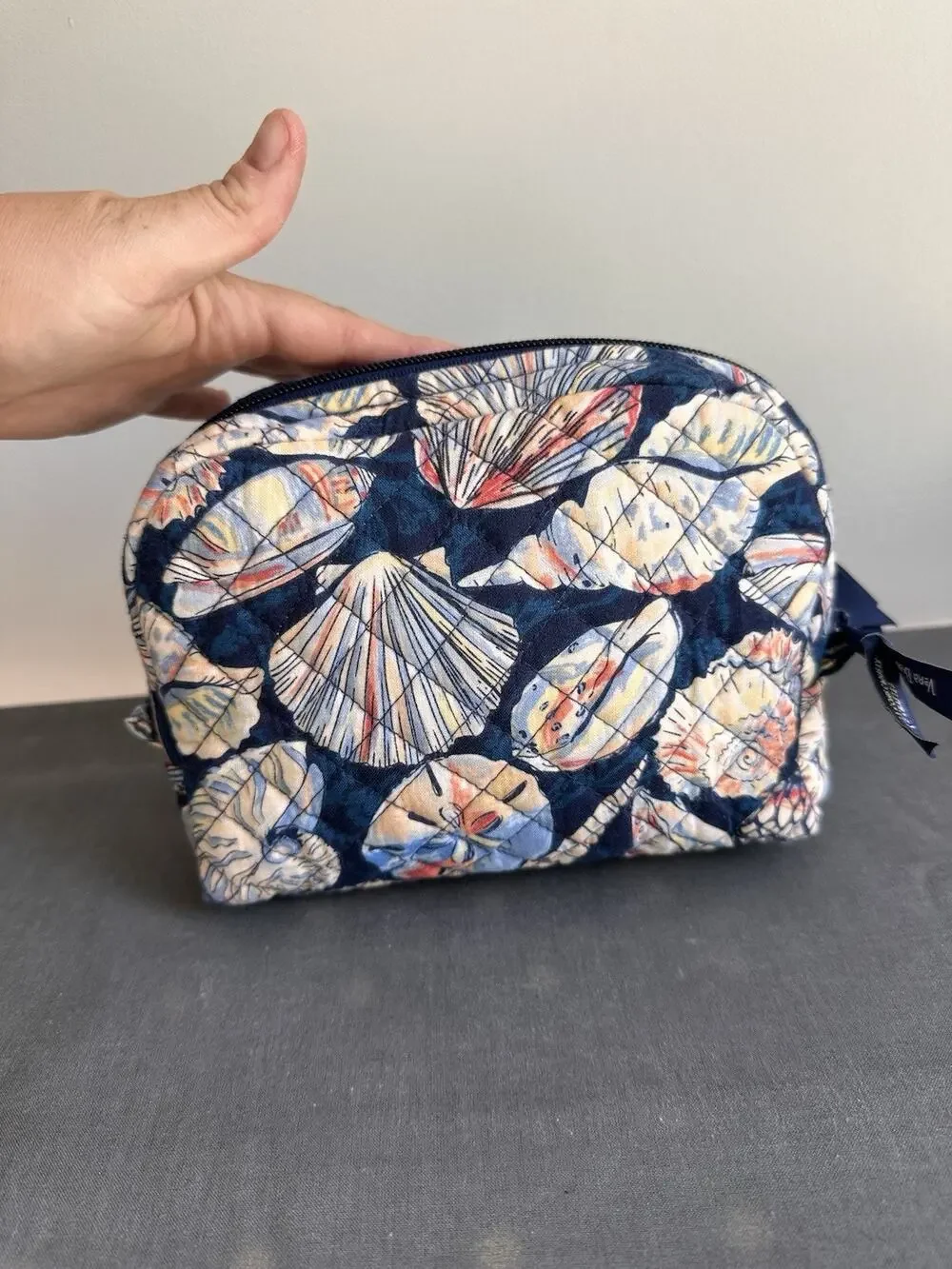 Vera Bradley Morning Shells Navy Cosmetic Pouch Plastic Lined Ocean Quilted